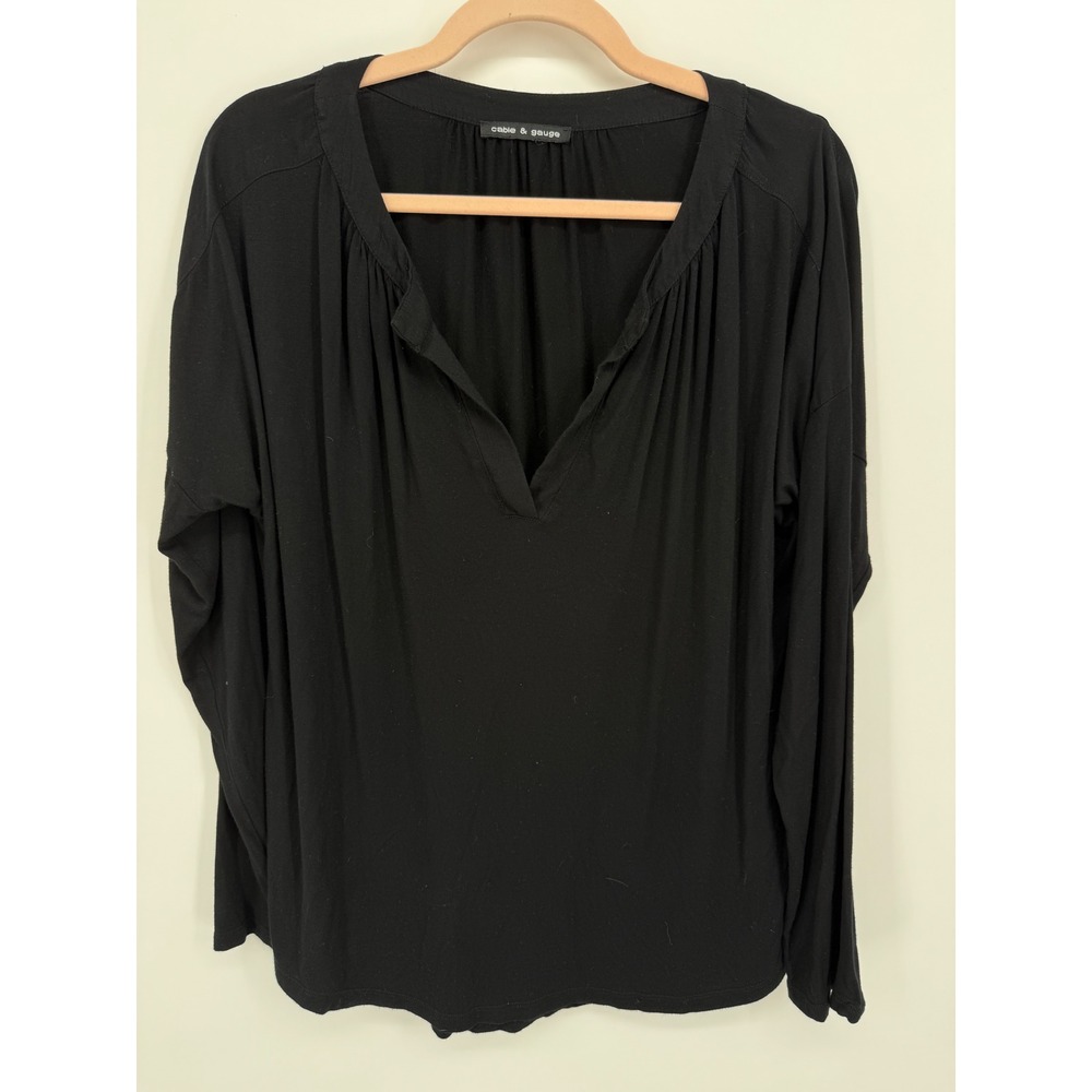 Cable &‎ Gauge Blouse Women XL Black V-Neck Pleated Long Sleeve Knit Tunic